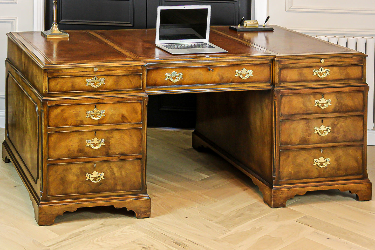 Large Antique Solid Walnut Twin Pedestal Partners Leather Top Writing Desk