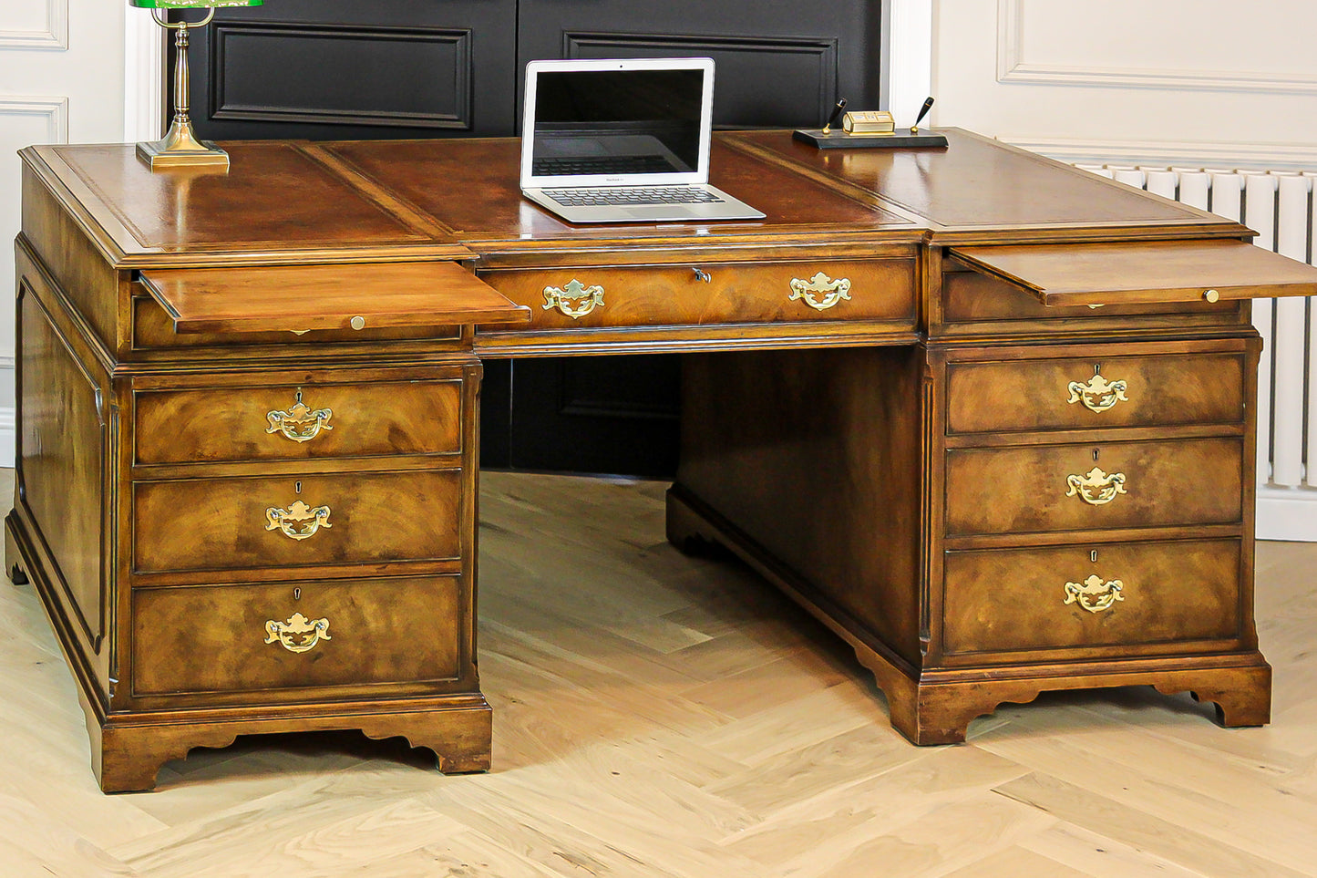 Large Antique Solid Walnut Twin Pedestal Partners Leather Top Writing Desk