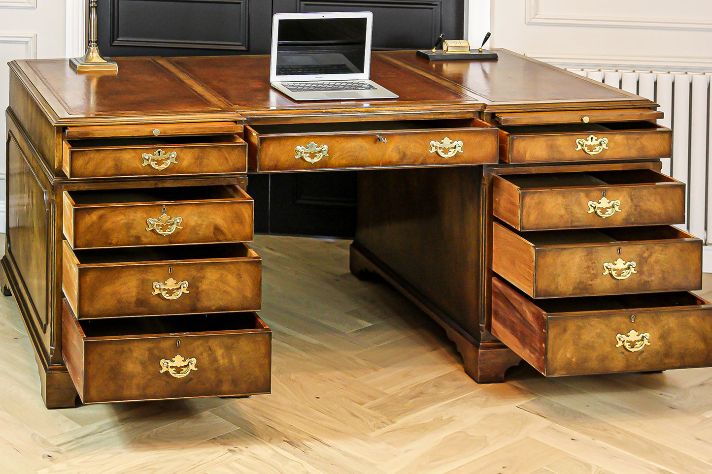Large Antique Solid Walnut Twin Pedestal Partners Leather Top Writing Desk