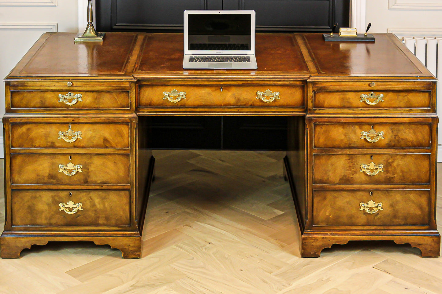 Large Antique Solid Walnut Twin Pedestal Partners Leather Top Writing Desk