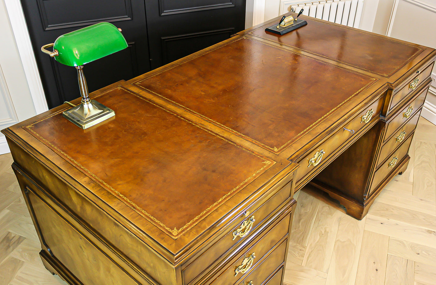 Large Antique Solid Walnut Twin Pedestal Partners Leather Top Writing Desk