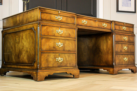 Large Antique Solid Walnut Twin Pedestal Partners Leather Top Writing Desk