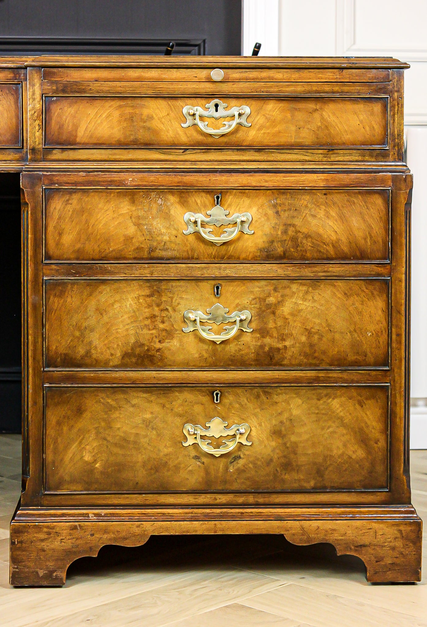 Large Antique Solid Walnut Twin Pedestal Partners Leather Top Writing Desk