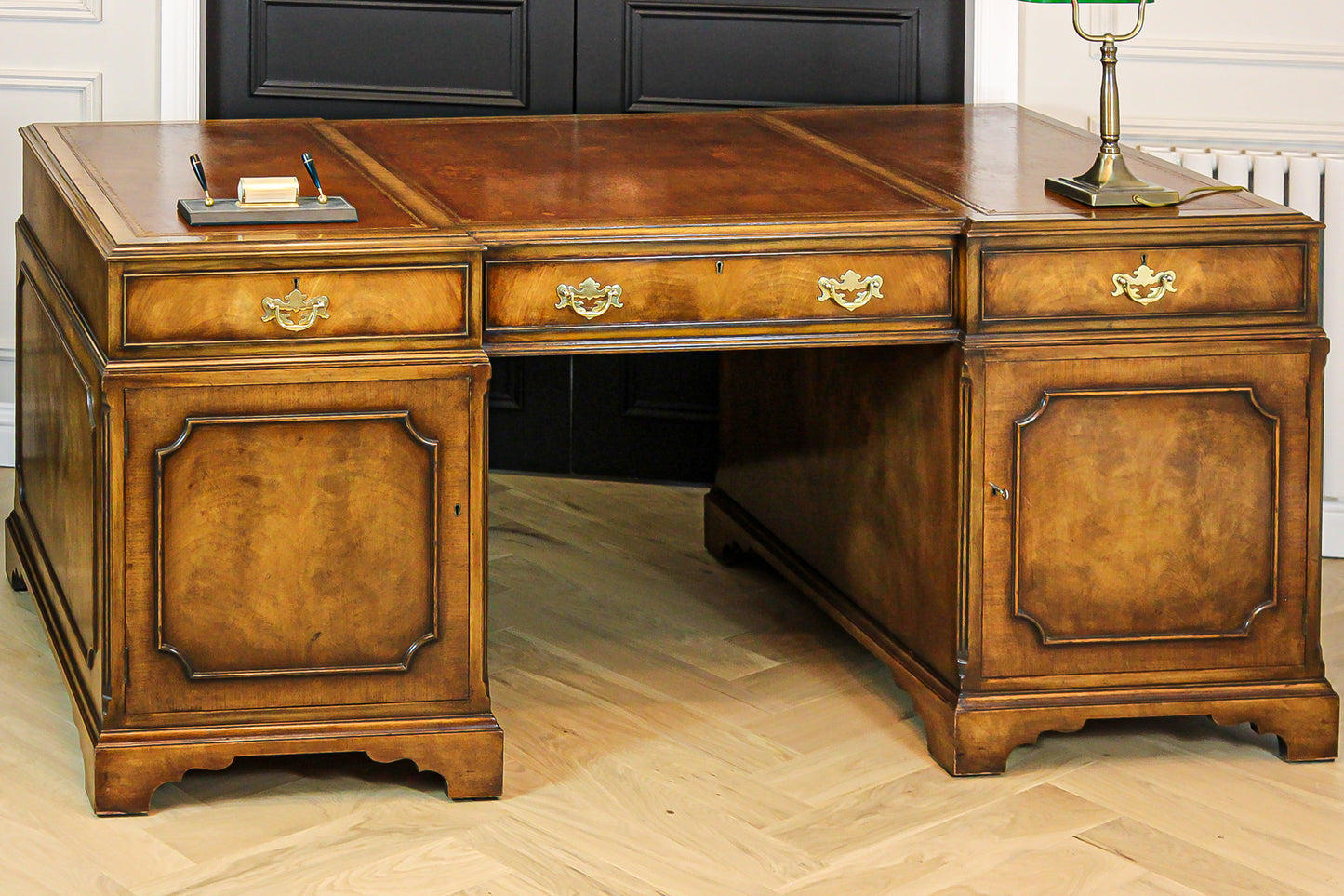 Large Antique Solid Walnut Twin Pedestal Partners Leather Top Writing Desk