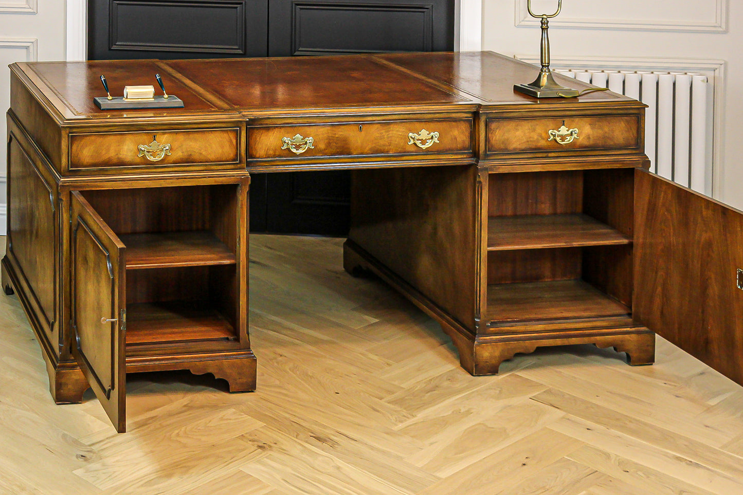 Large Antique Solid Walnut Twin Pedestal Partners Leather Top Writing Desk