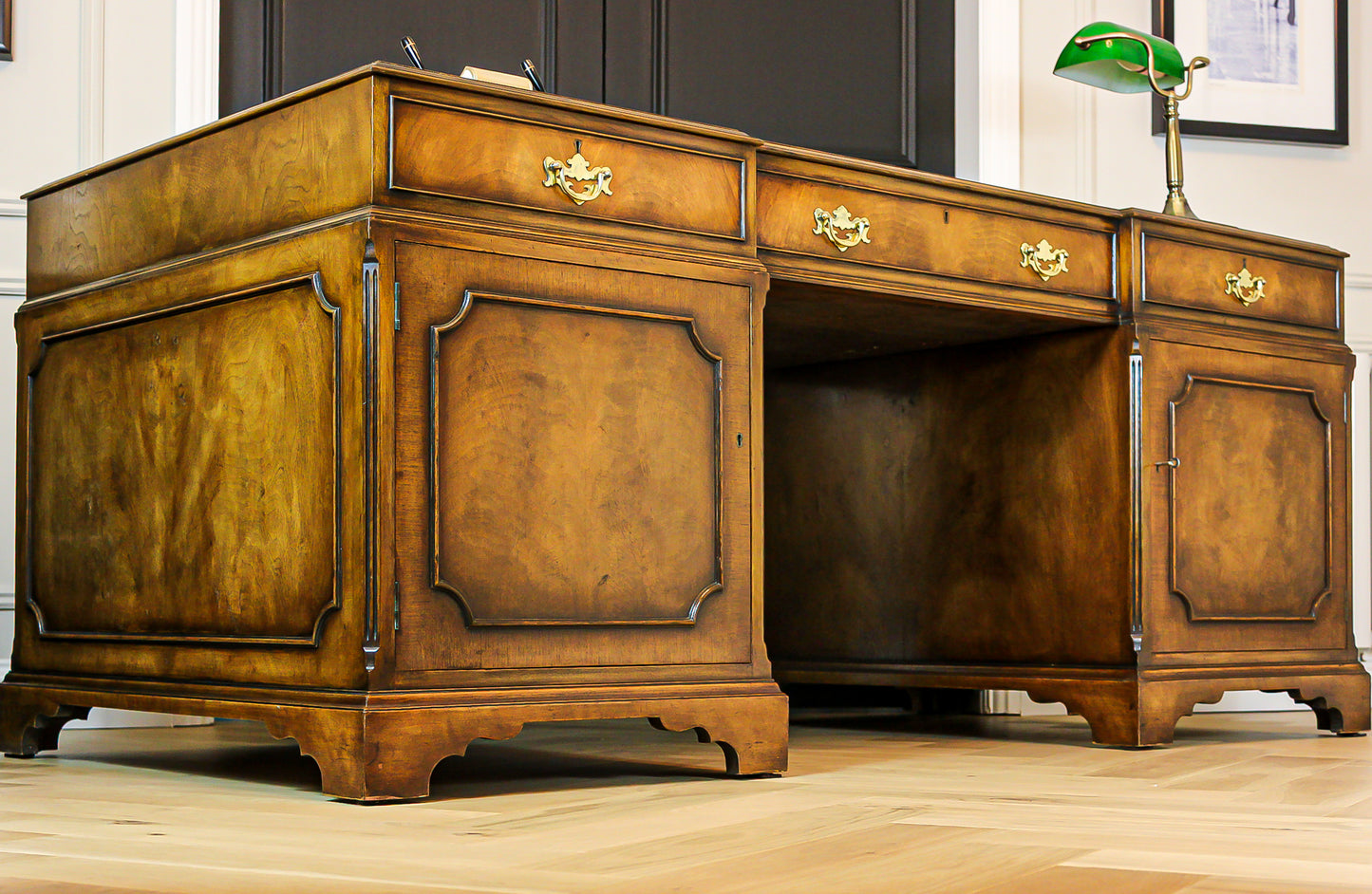 Large Antique Solid Walnut Twin Pedestal Partners Leather Top Writing Desk